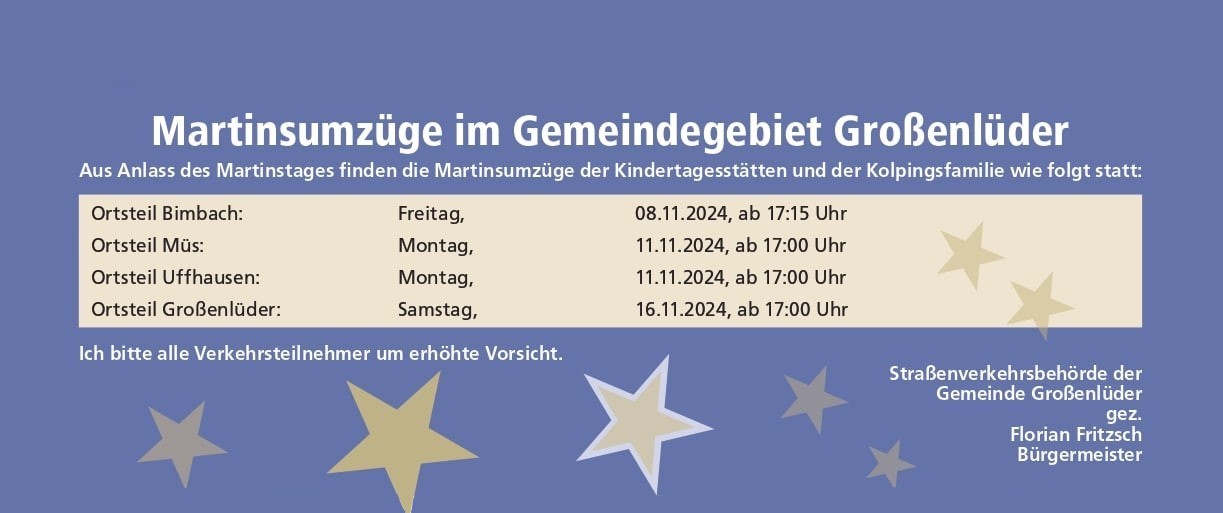 Blauer Hintergrund mit gelben Sternen, Überschrift: Martinsumzüge im Gemeindegebiet Großenlüder, darunter die einzelnen Termine mit Zeitangaben auf hellgelben Hintergrund