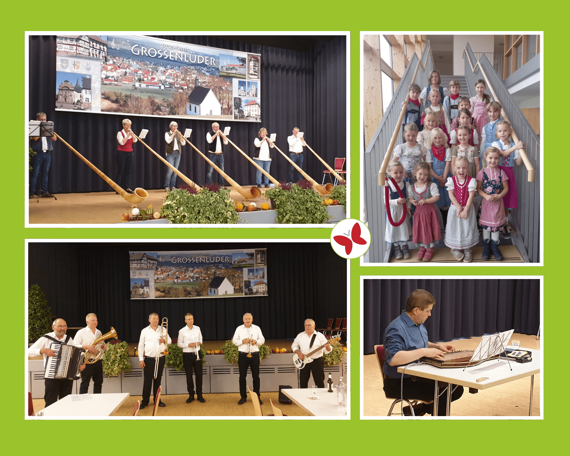 Seniorennachmittag im Lüderhaus 2024. Es sind vier Bilder zu sehen: Die Rodetaler Alphornbläser, die Minikirmestanzgruppe von Musikverein Großenlüder, „Lothar Ziegler und Freunde“ sowie Ralph Baier aus Bimbach mit seiner Zither.