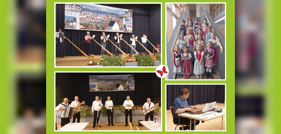 Seniorennachmittag im Lüderhaus 2024. Es sind vier Bilder zu sehen: Die Rodetaler Alphornbläser, die Minikirmestanzgruppe von Musikverein Großenlüder, „Lothar Ziegler und Freunde“ sowie Ralph Baier aus Bimbach mit seiner Zither.