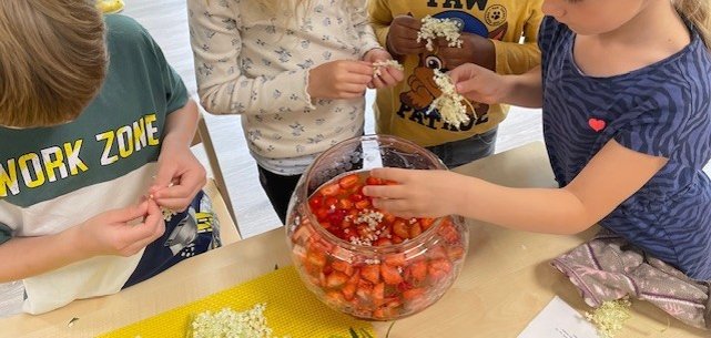 Kinder der Kita Müs, die eine Kräuterbowle machen